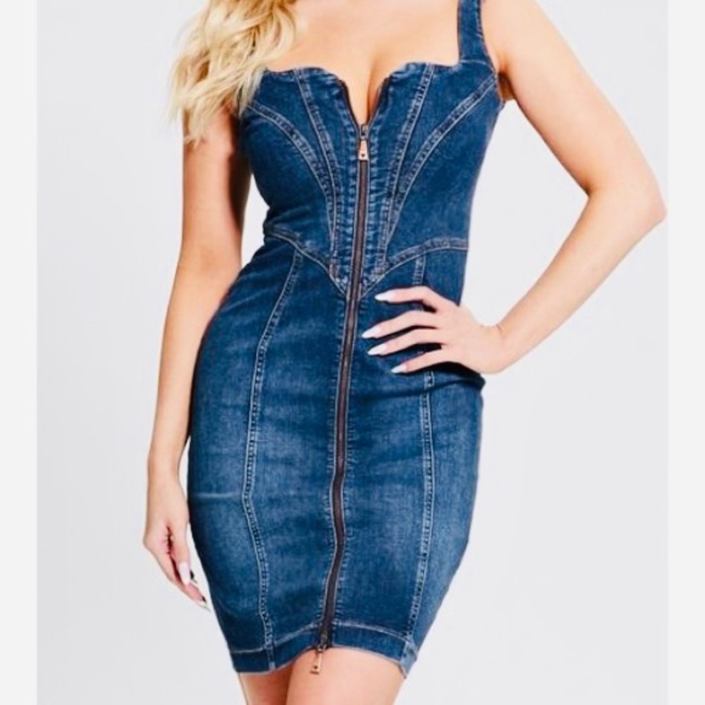 Pre-Owned GUESS Lilamor Zip-Up Denim Midi Dress XS